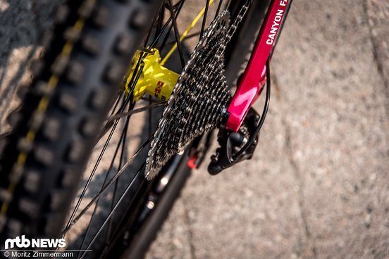 Geschaltet wird mit einer SRAM X01 Eagle-Schaltgruppe Geschaltet wird mit einer SRAM X01 Eagle-Schaltgruppe